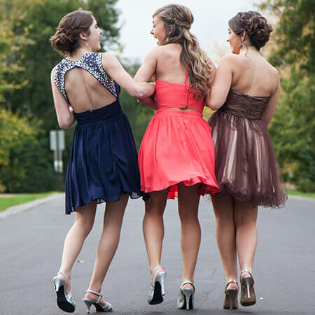 formal car hire ride for three girls walking